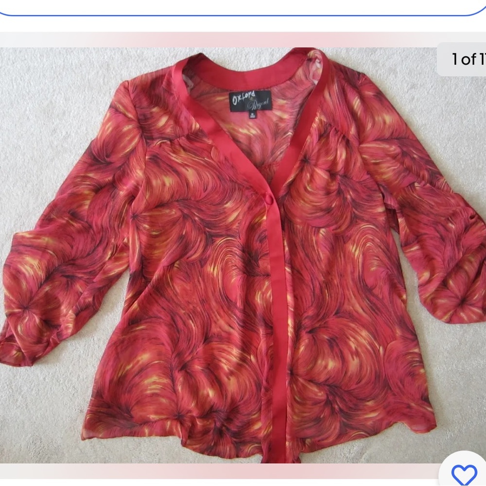 WOMENS OXFORD & REGENT RED FLORAL V NECK TIE BLOUSE Semi Sheer TOP SHIRT MEDIUM